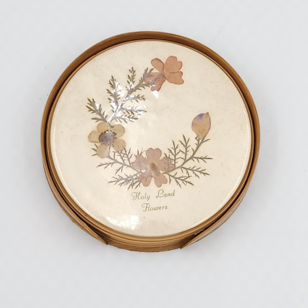 Vintage Holy Land Flowers Pressed Coasters Set of 5 Round Faux Wood Vinyl Holder